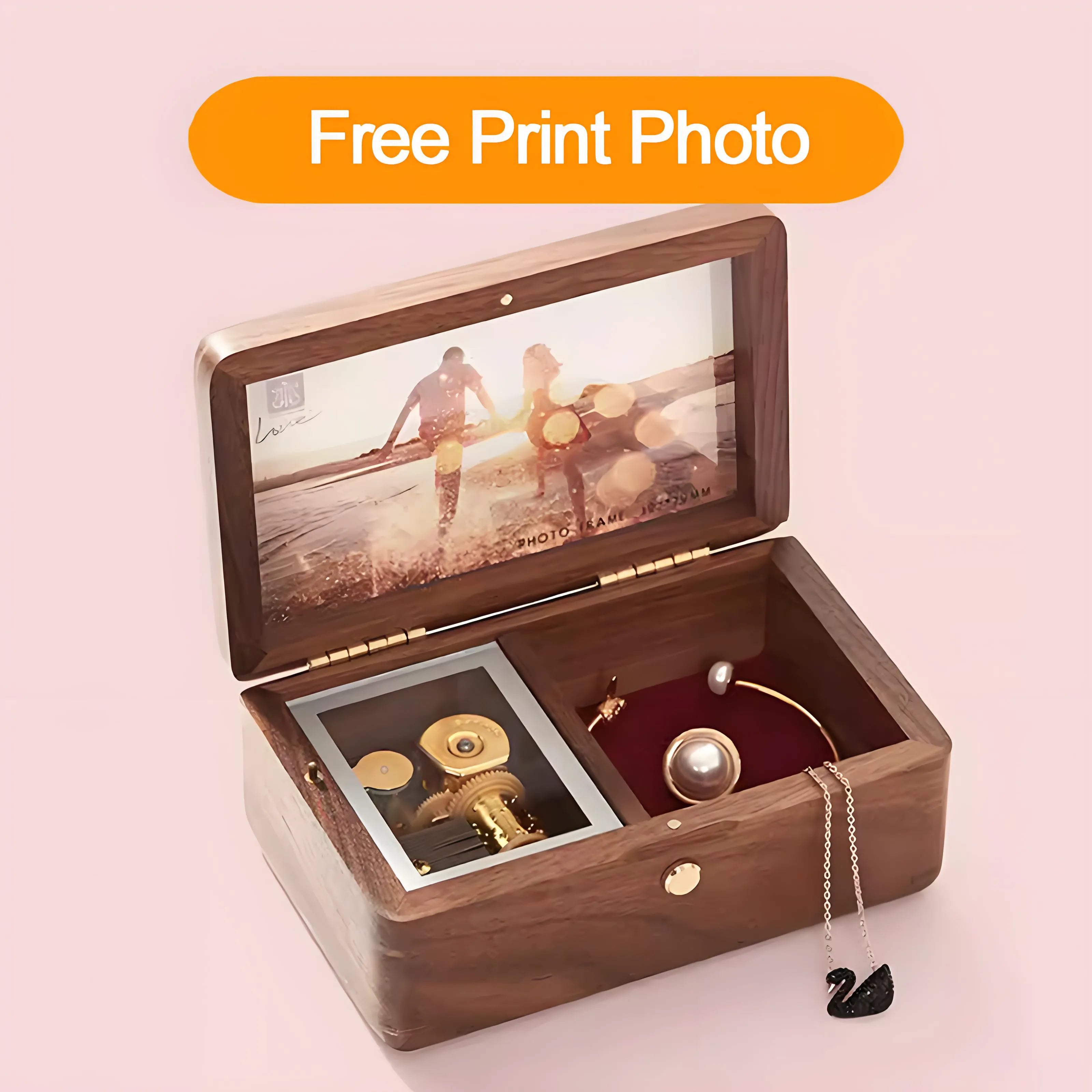 Walnut Wooden Music Box Jewelry Box with Custom Photo and Text