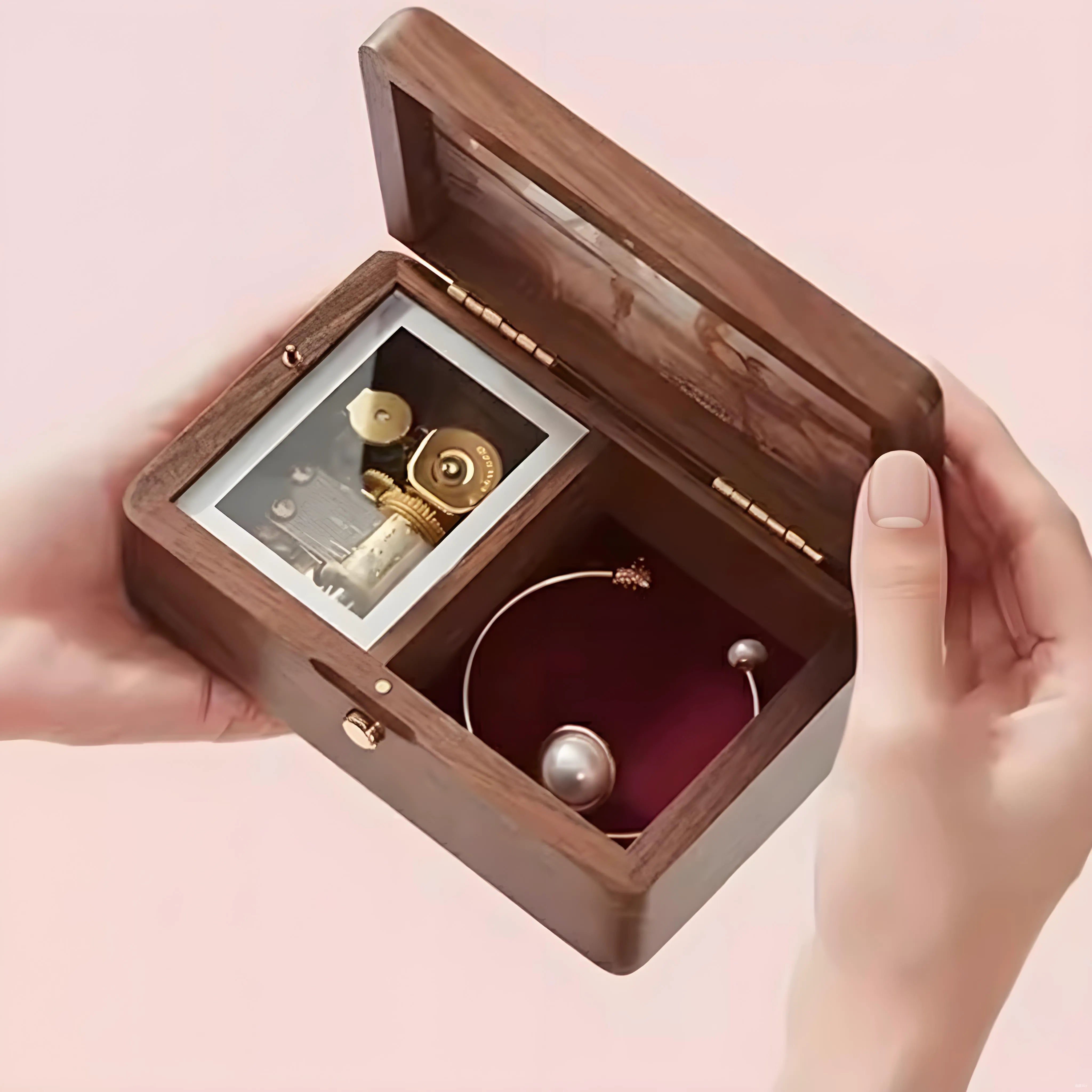 Walnut Wooden Music Box Jewelry Box with Custom Photo and Text