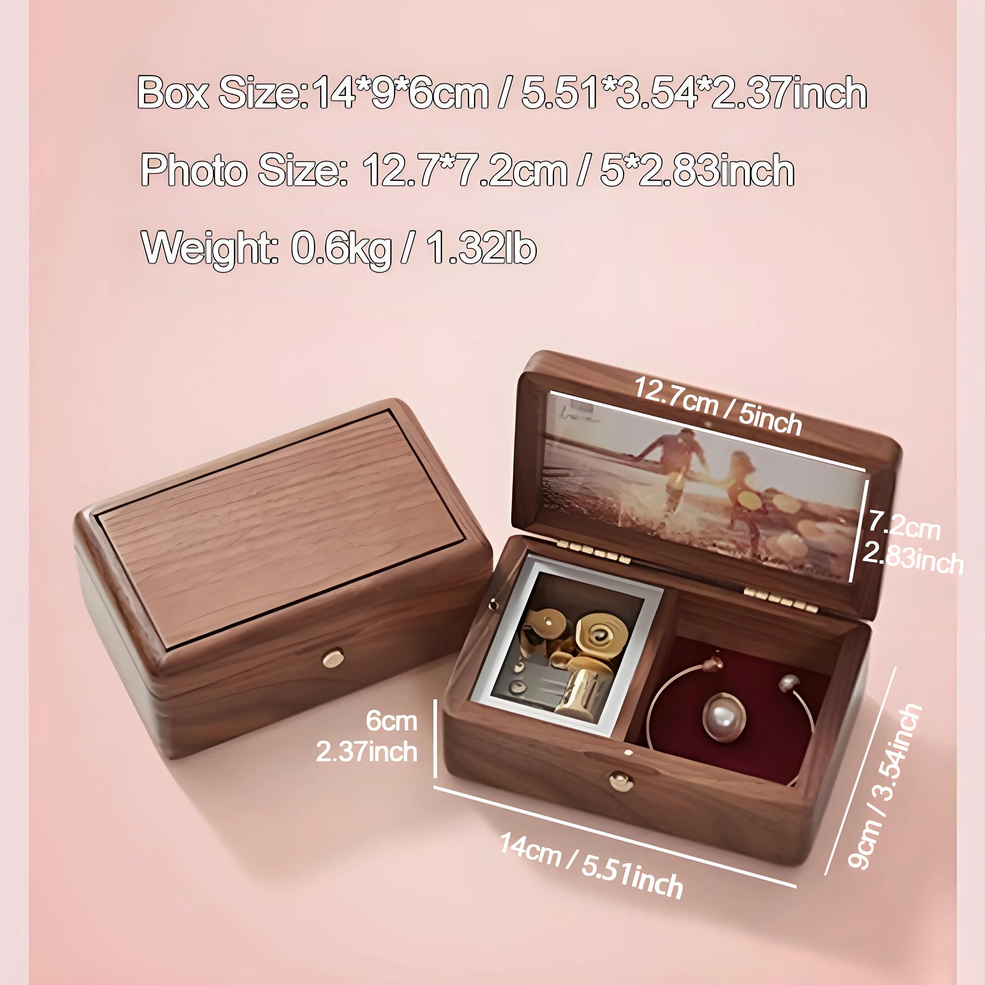 Walnut Wooden Music Box Jewelry Box with Custom Photo and Text